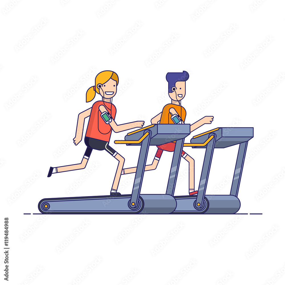 The guy with the girl goes in for sports on a treadmill while listening to music through the phone. People running in the gym. Man strengthens health exercise. Thin line vector illustration Flat style The guy with the girl goes in for sports on a treadmill while listening to music through the phone. People running in the gym. Man strengthens health exercise. Thin line vector illustration Flat style