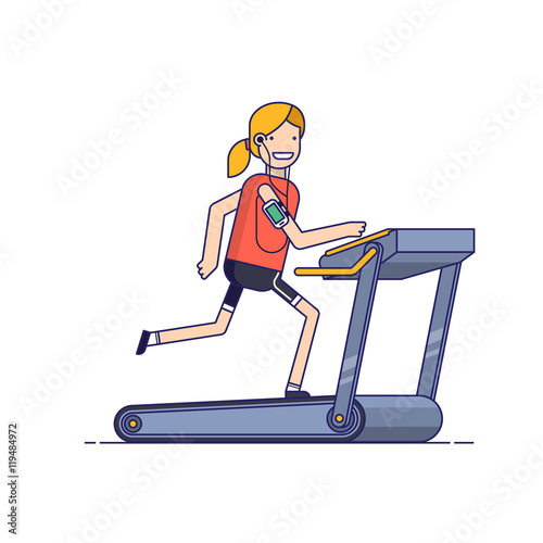 The girl goes in for sports on a treadmill while listening to music through the phone. woman running in the gym. People strengthens health exercise. Thin line vector illustration in flat style.