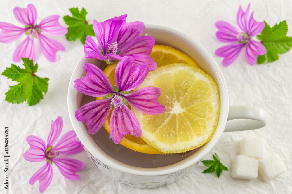 Malva sylvestris, mallow, tea with lemon and flowers Malva sylvestris, mallow, tea with lemon and flowers