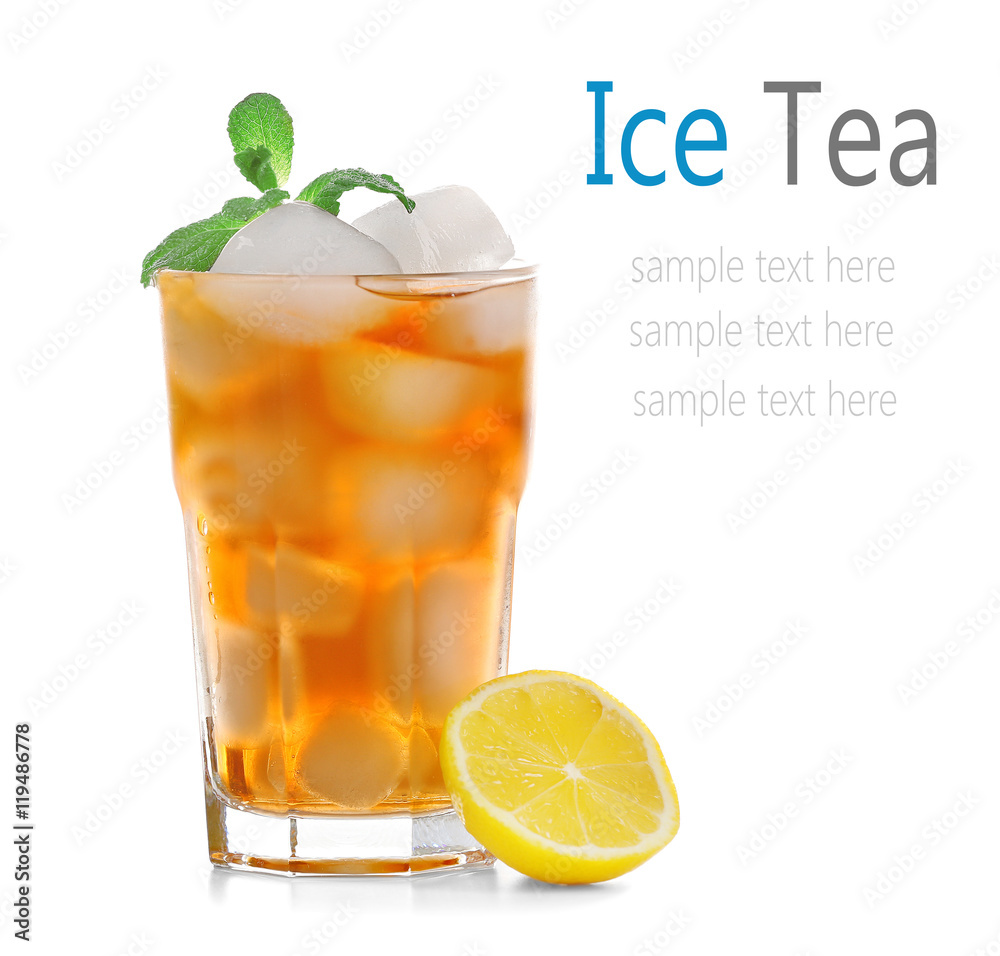 Glass of iced tea with lemon and mint on white background. Space for text. Glass of iced tea with lemon and mint on white background. Space for text.