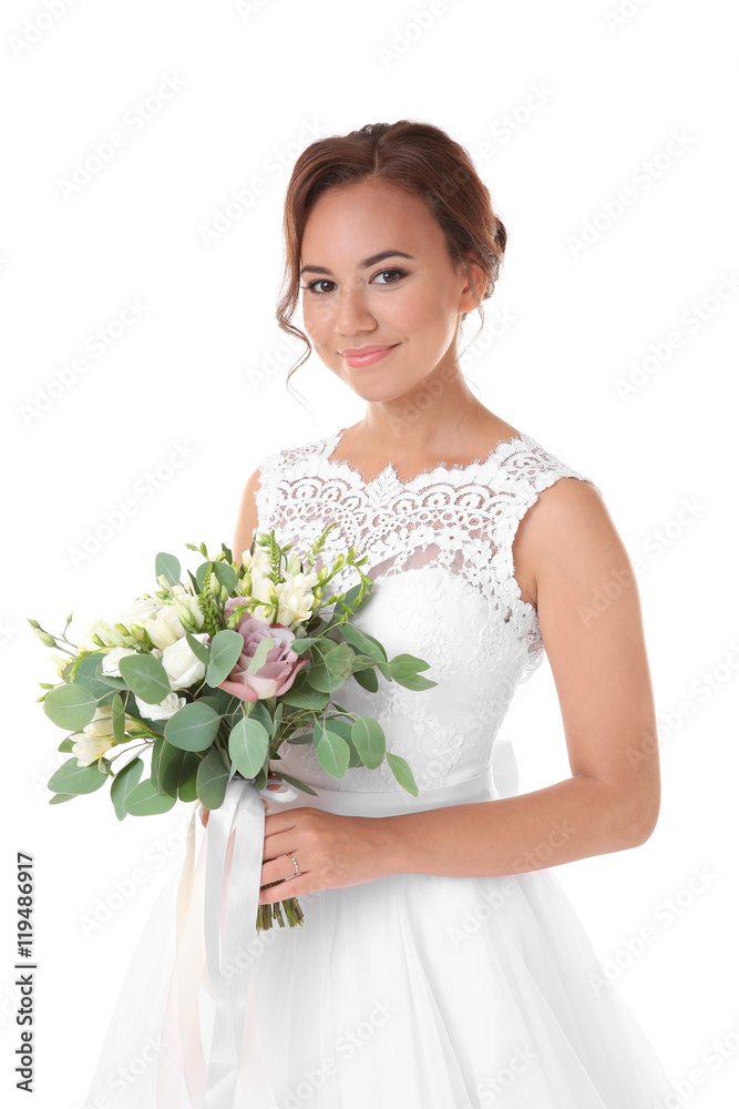Beautiful bride with wedding bouquet isolated on white Beautiful bride with wedding bouquet isolated on white