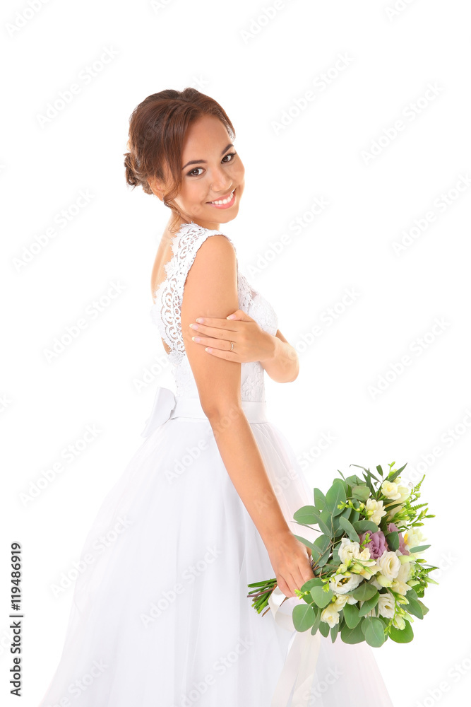 Beautiful bride with wedding bouquet isolated on white