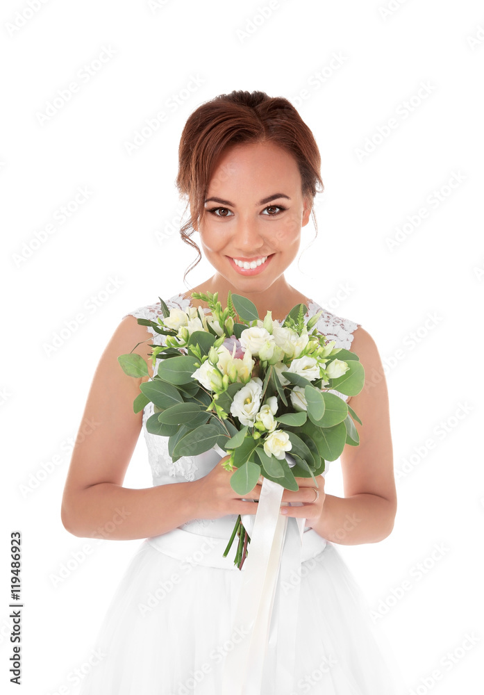 Beautiful bride with wedding bouquet isolated on white Beautiful bride with wedding bouquet isolated on white