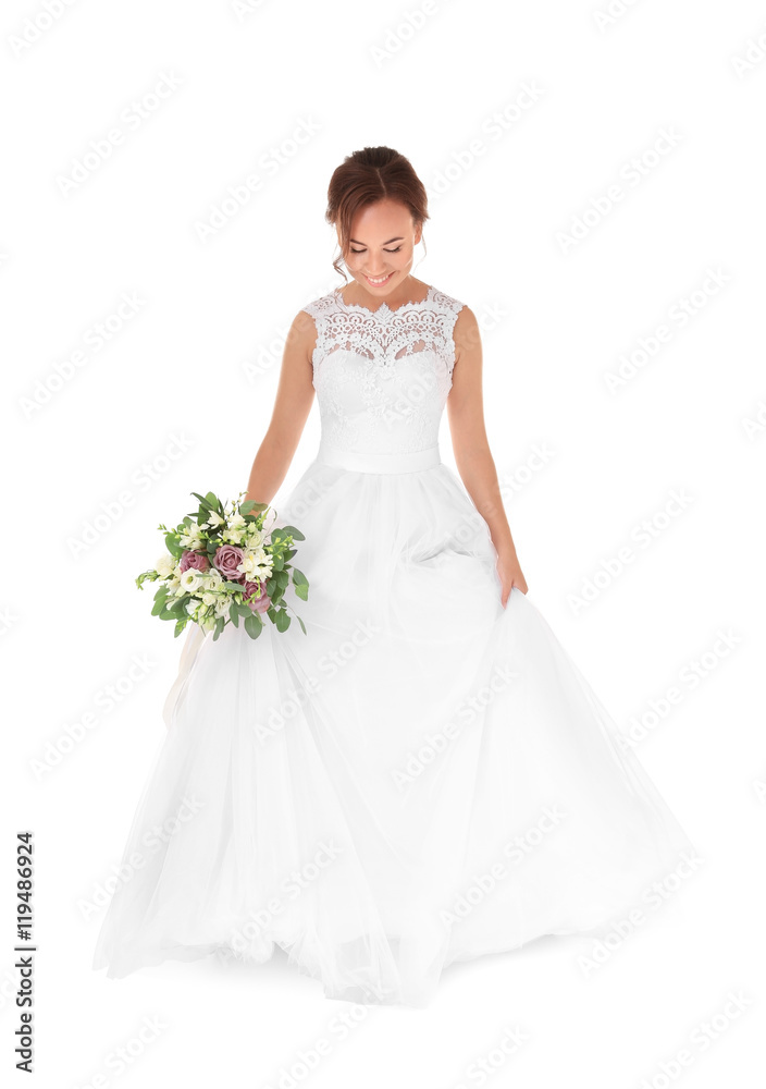 Beautiful bride with wedding bouquet isolated on white Beautiful bride with wedding bouquet isolated on white