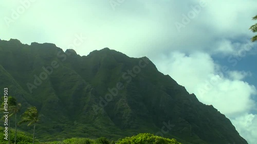 Koolau Mountains Kualoa Ridge with Coconut Trees, Clouds, and Rain