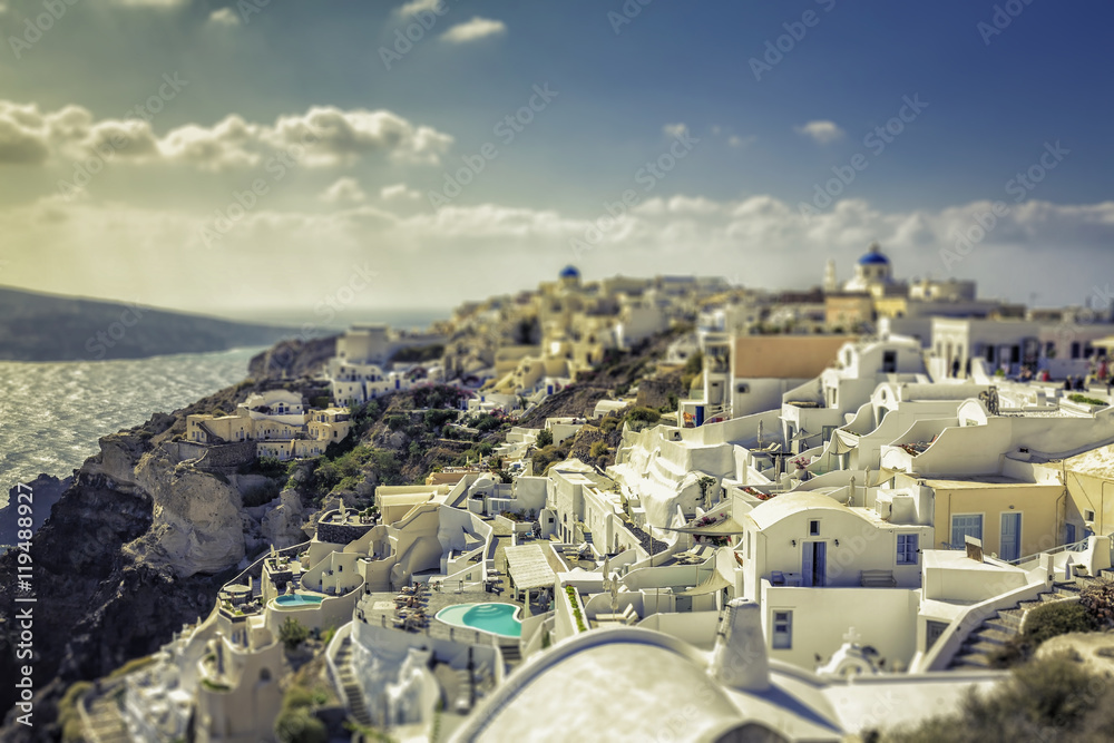 Fototapeta premium White houses, Santorini Island. Tilt shift effect