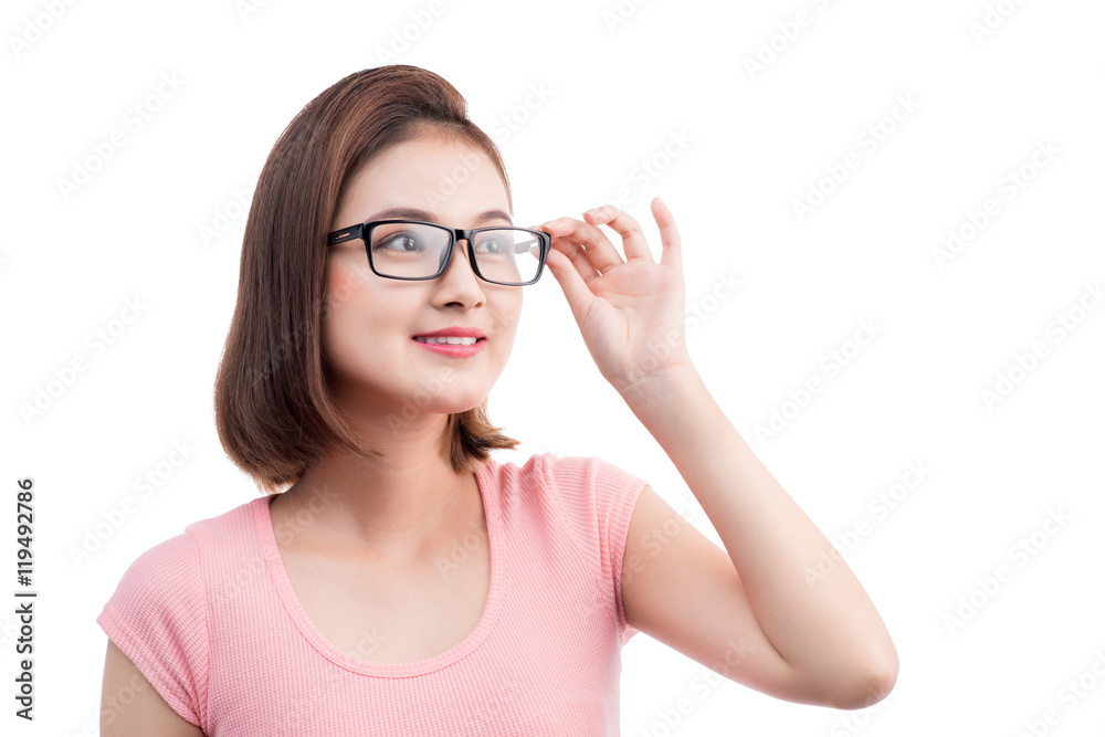 Closeup portrait of a young cheerful asian woman in glasses Closeup portrait of a young cheerful asian woman in glasses