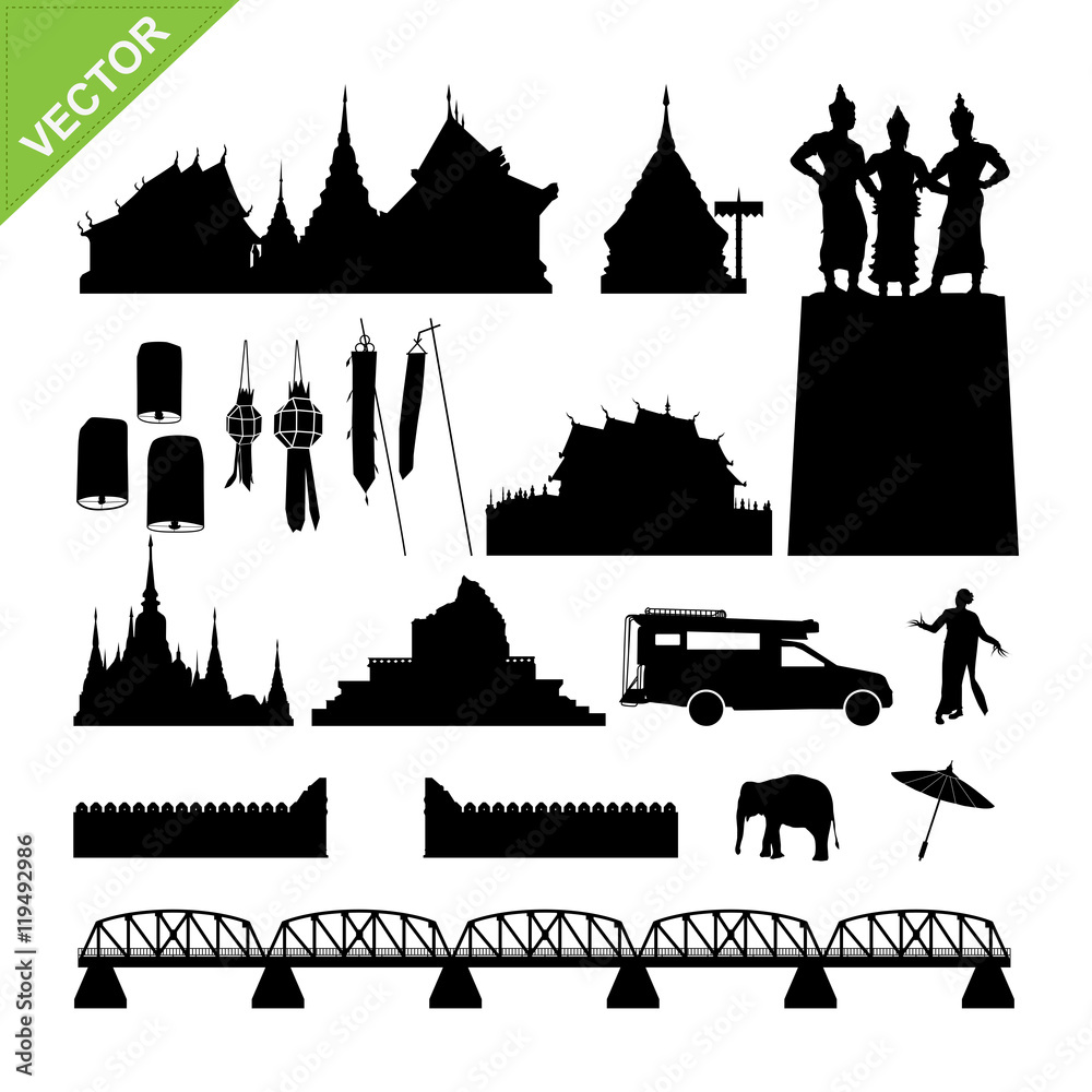 Naklejka premium Chiang Mai symbol and landmark silhouettes vector
