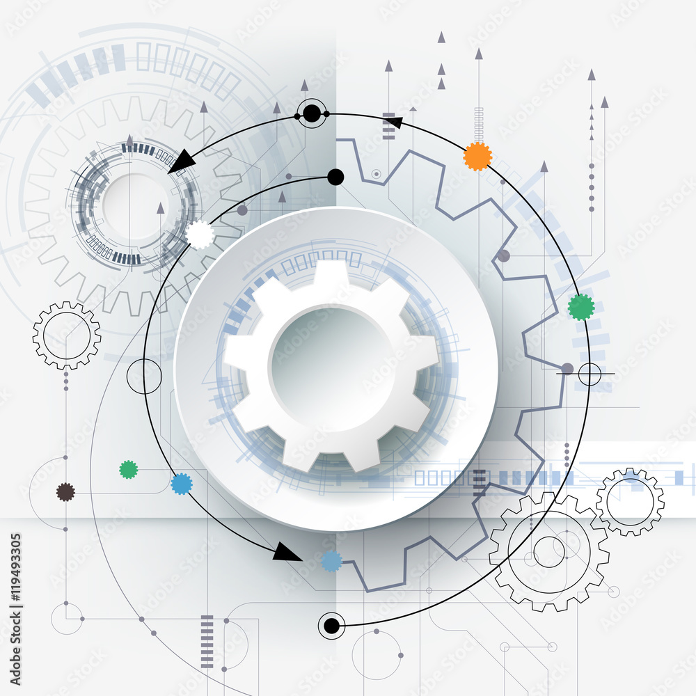 Vector futuristic technology, 3d white paper gear wheel on circuit ...