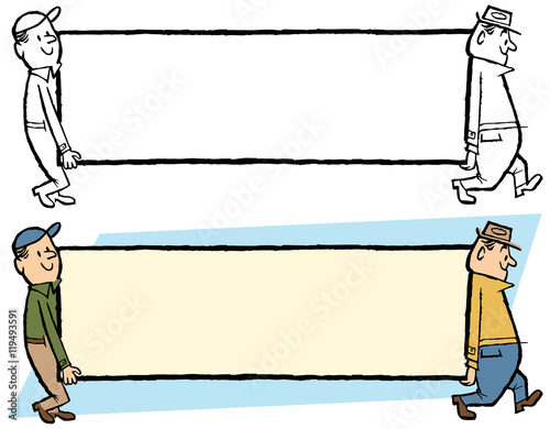 Two men carrying a blank sign