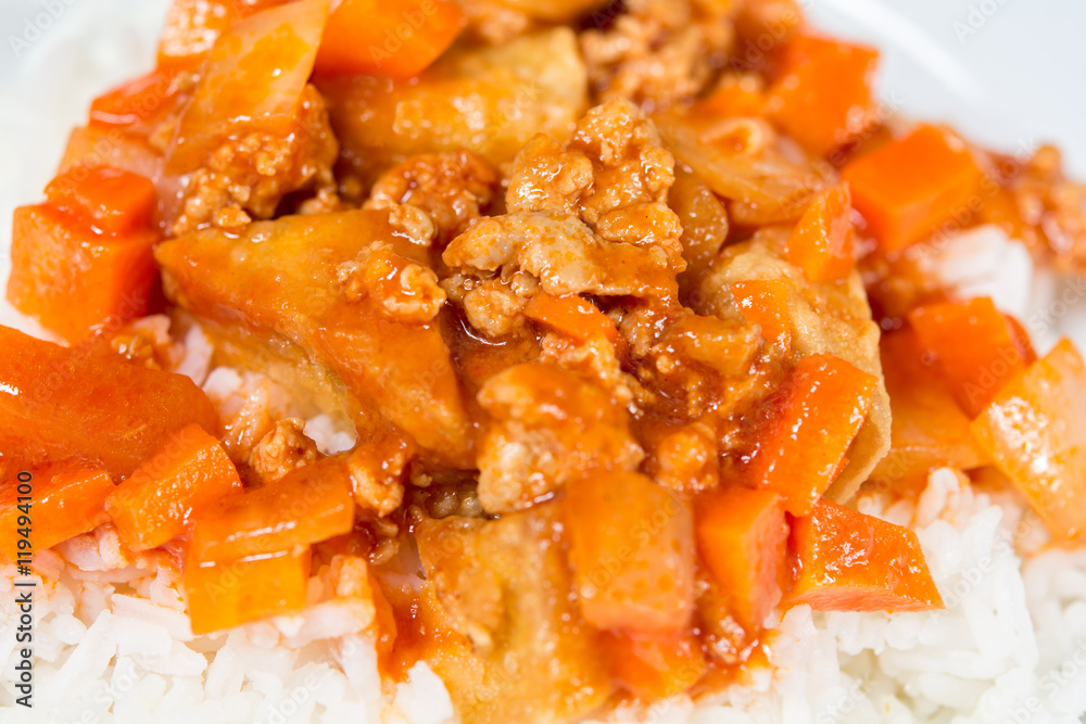 rice and spicy curry in plate on food table rice and spicy curry in plate on food table