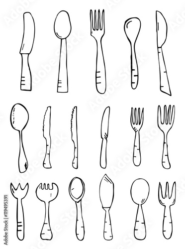 Spoon knife fork. Hand drawn isolated objects.