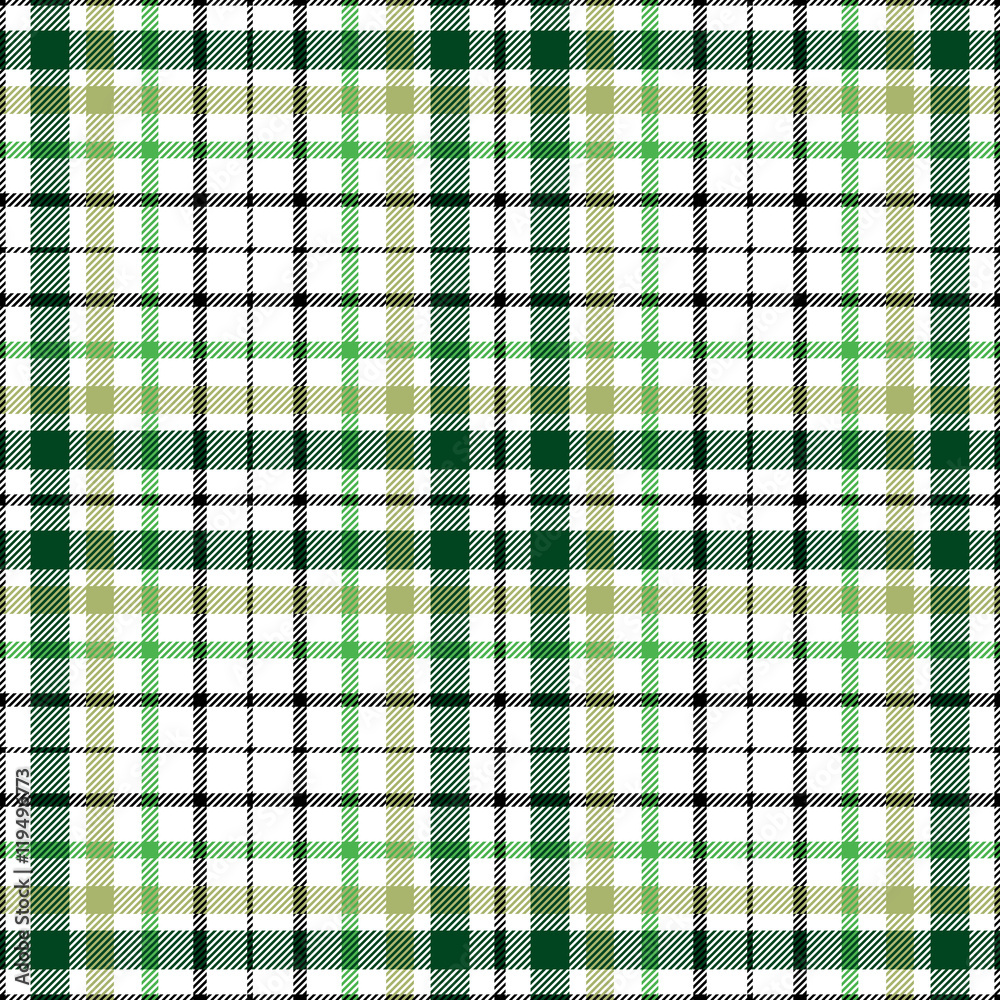 Seamless tartan plaid pattern in stripes of pine green, olive green, lime green & black twill on white background.