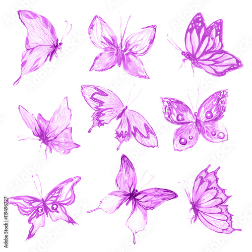 Watercolor butterflies set. Purple butterflies on white background. Beautiful fragile creatures for decoration. © inspiring.team