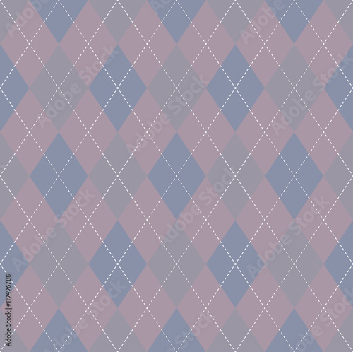 Seamless argyle pattern in dark grayish magenta, grayish violet & grayish blue with white stitch.