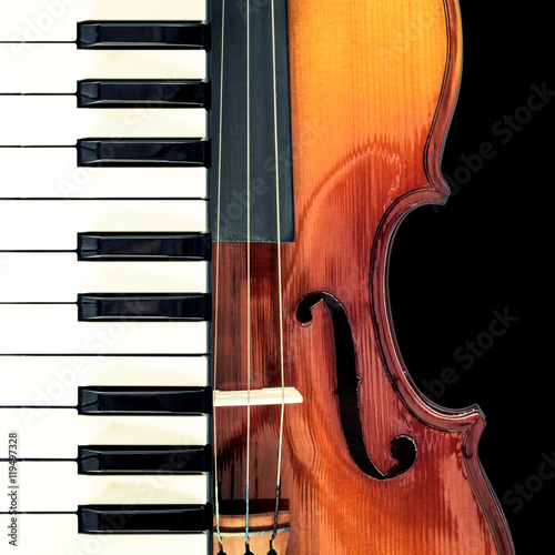 piano & classical violin, isolated on black for music background photo