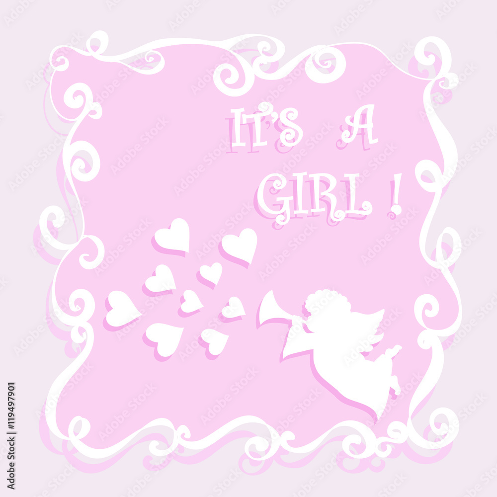 Baby shower it’s a girl greeting card with angel playing  pipe and hearts