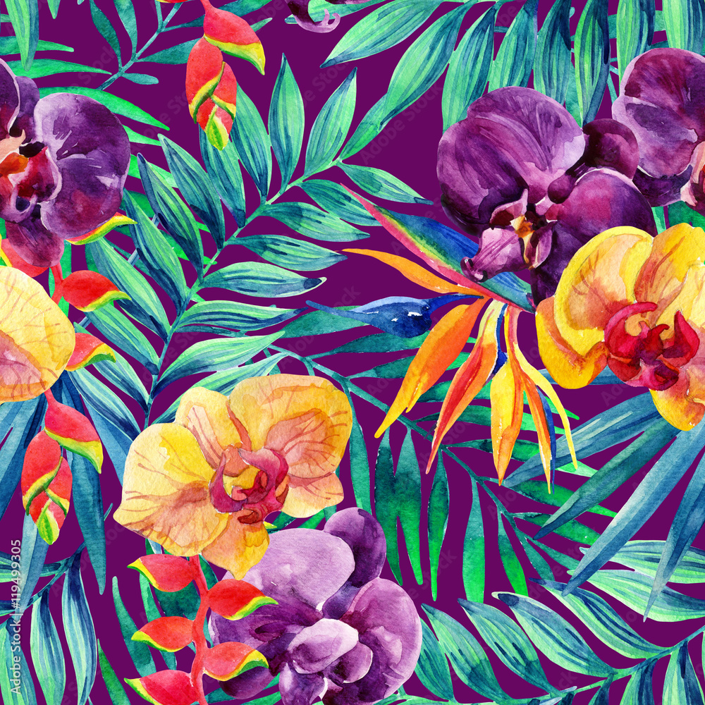 Palm leaves and flowers in purple