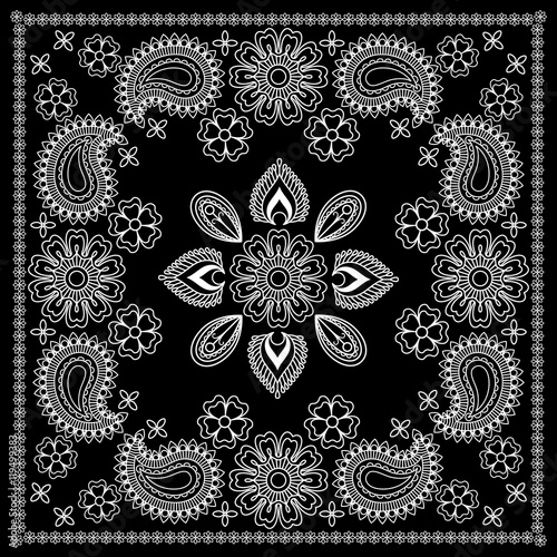 Black and White Bandana Print With Element Henna Style. Vector illustration