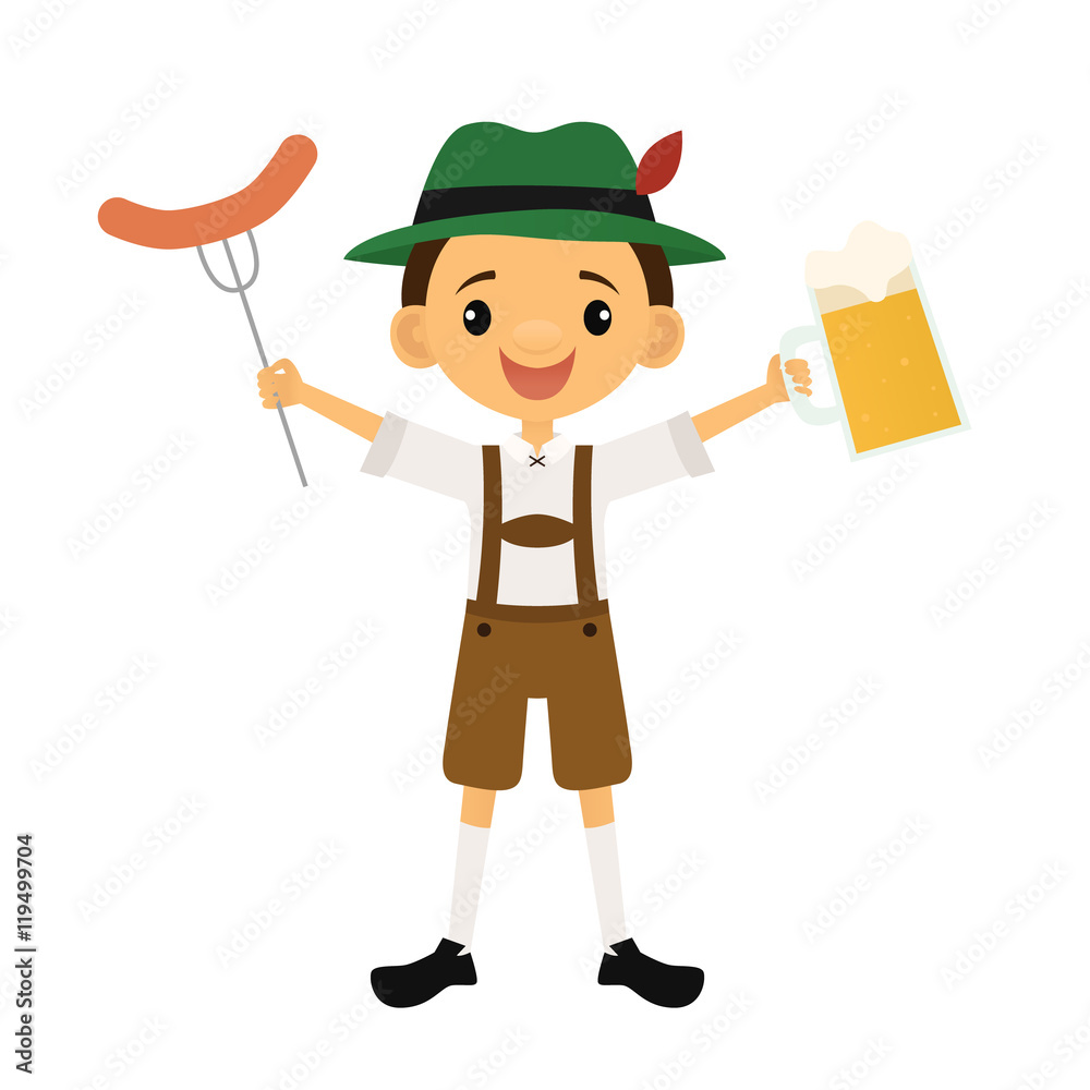Oktoberfest guy holding a sausage and a beer