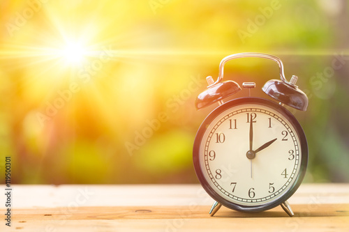 2 o' Clock and Morning sun with Bright and Flare Day Light Blur Green Garden Background with space for text. photo