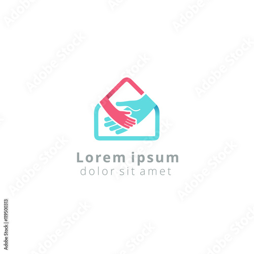 Adult holding a child by the hand in a house. Children foundation, orphanage vector logo