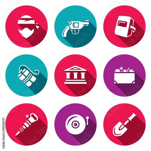 Vector Set of Bank Robbery Icons. Thief, Weapon, Welder, Explosive, Bank, Treasure, Equipment, Security System, Underpass.