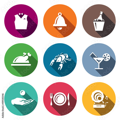 Vector Set of Restaurant Icons. Waiter, Call, Alcohol, Food, Delicacy, Drink, Tip, Laying, Music.