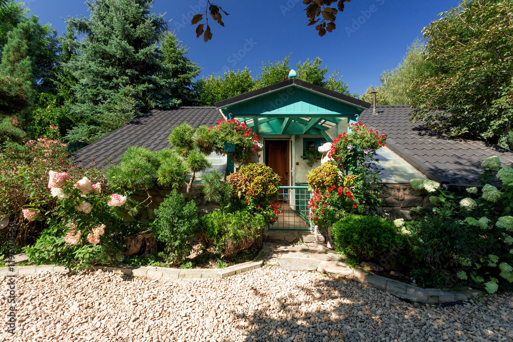 Fototapeta premium Dog baby house with flowers