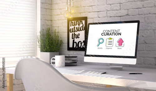 Tableau sur toile Stylish workplace with computer with Content curation concept on