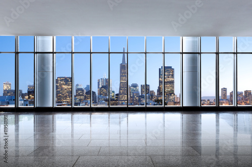 cityscape and skyline of san francisco at sunrise from window