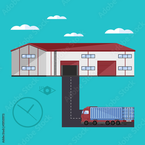 Fototapeta Naklejka Na Ścianę i Meble -  Warehouse exterior with container truck flat vector illustration