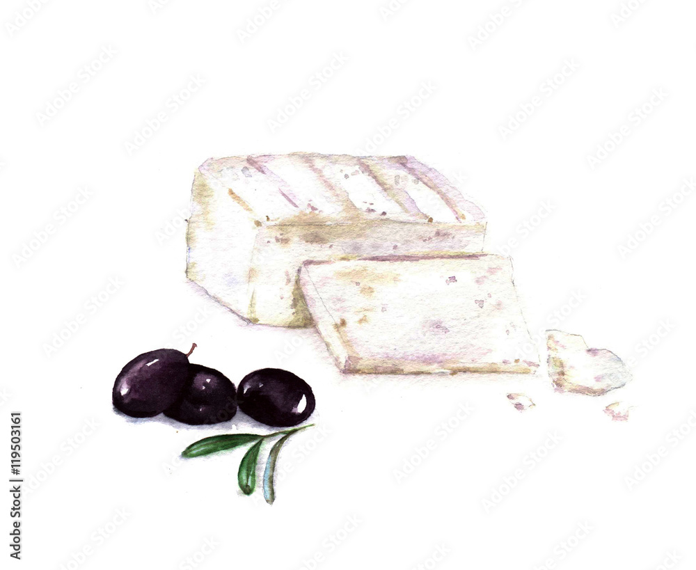Fototapeta Hand drawn watercolor illustration of Feta cheese sliced with black olives isolated on the white background