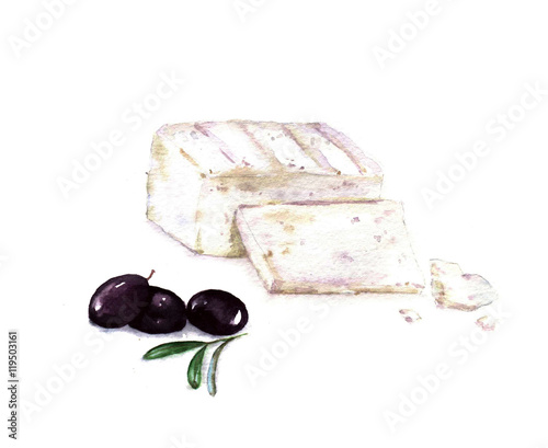 Hand drawn watercolor illustration of Feta cheese sliced with black olives isolated on the white background