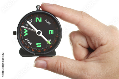 Compass in hand on a white isolated background