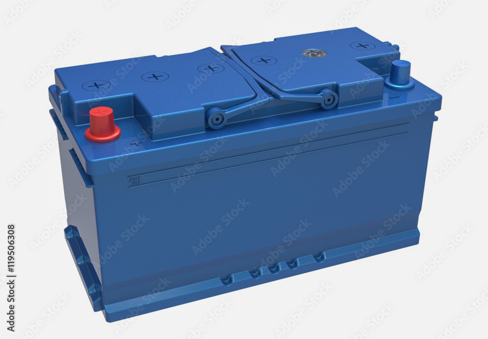 3D blue truck battery with handles on white with red and blue terminals 3D blue truck battery with handles on white with red and blue terminals