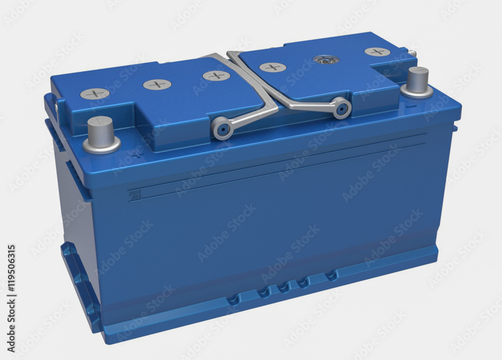 3D blue truck battery with handles on white with gray terminals 3D blue truck battery with handles on white with gray terminals