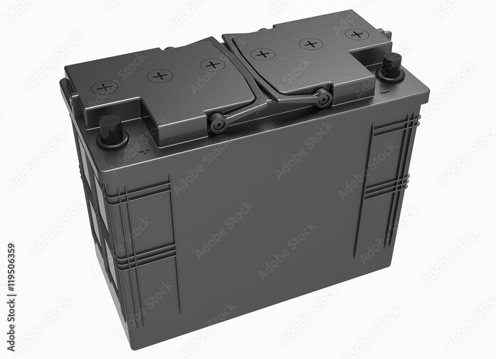 3D black car battery with handles on white with black terminals 3D black car battery with handles on white with black terminals