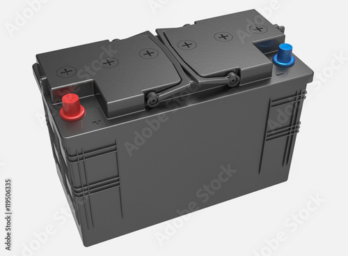 3D black car battery with handles on white with red and blue terminals