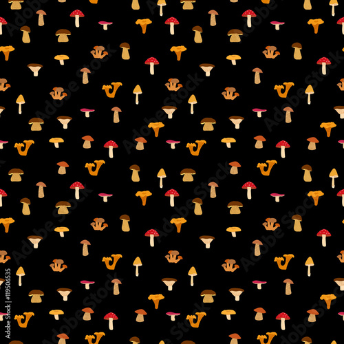 Mushrooms, seamless texture with autumn patternon a black background. Vector illustration photo