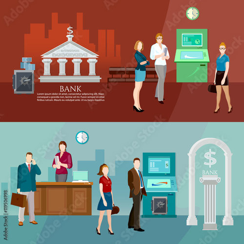 Interior bank business people bank banner vector illustration