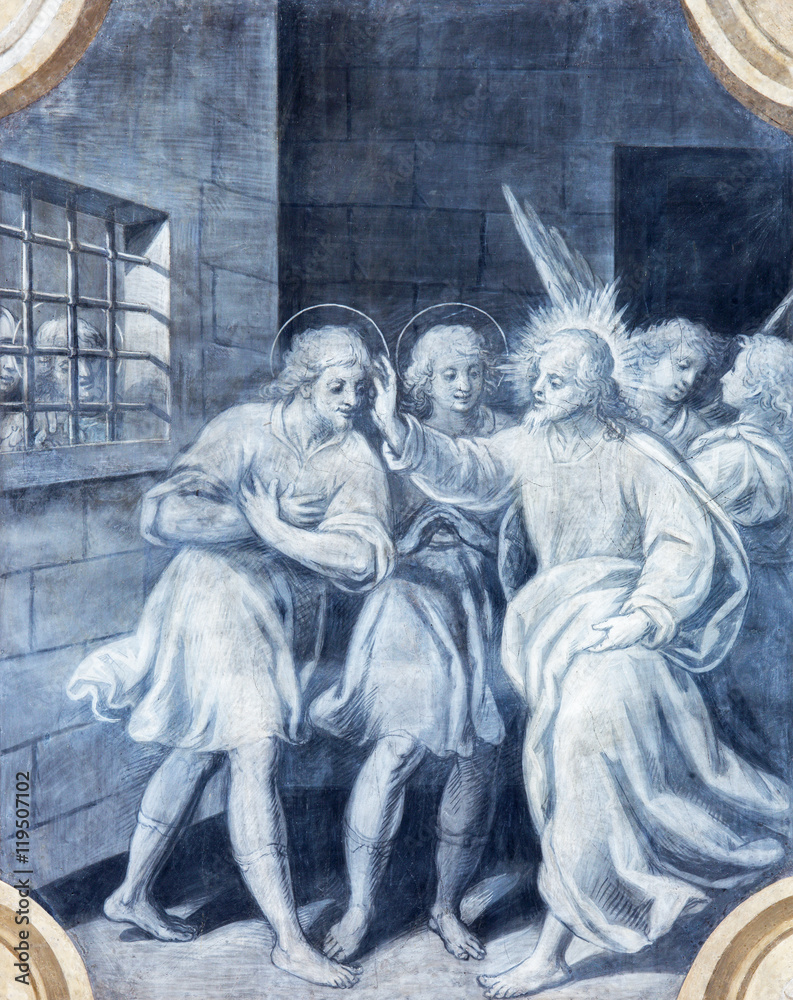 BRESCIA, ITALY - MAY 23, 2016: The monochromatic fresco of First christian martyrs in Brixia with the angels in church Chiesa di San Faustino e Giovita by Camillo Rama (1586 - 1627)