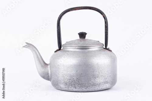 old vintage retro Kettle on white background drink isolated (side view) . Which, kettle made of aluminum materials.
