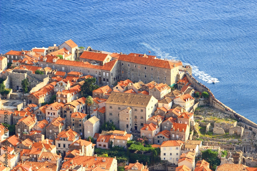 Part of the Dubrovnik old town with city walls and old houses