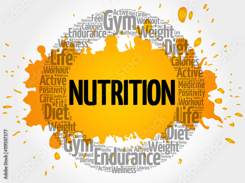 Nutrition word cloud collage, health concept background