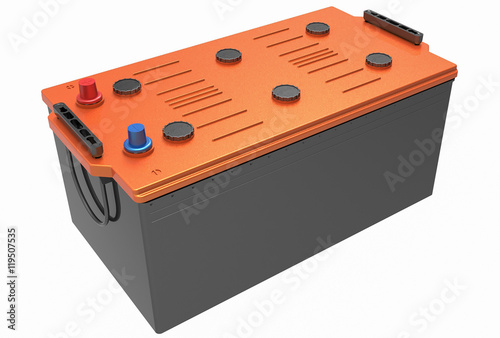 3D black truck battery with handles on white with orange cover and red and blue terminals