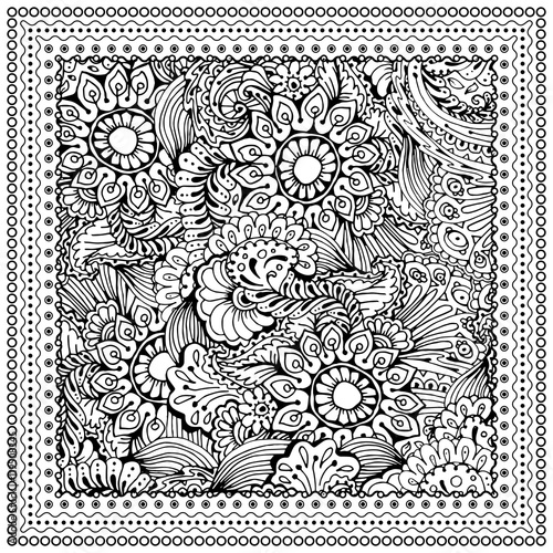 Black vector mono color illustration.Adult Coloring book page design, for adults or kids. Vector template.Ornamental border and frame
