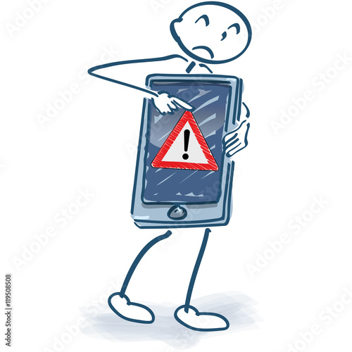 Strichmännchen mit Smartphone und Fehlermeldung