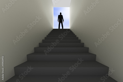 Man stands on top of staircase, 3d Illustration