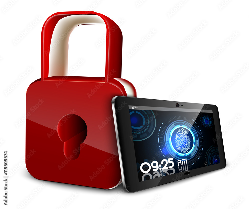 Tablet PC concept of privacy and safety that scans a fingerprint and a padlock Tablet PC concept of privacy and safety that scans a fingerprint and a padlock